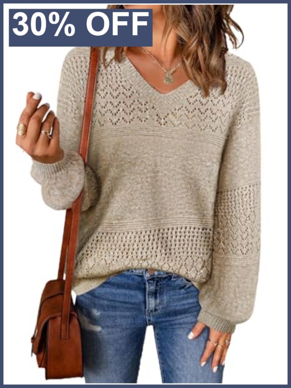 Womens Oversized Cable Knit V-Neck Pullover Sweater